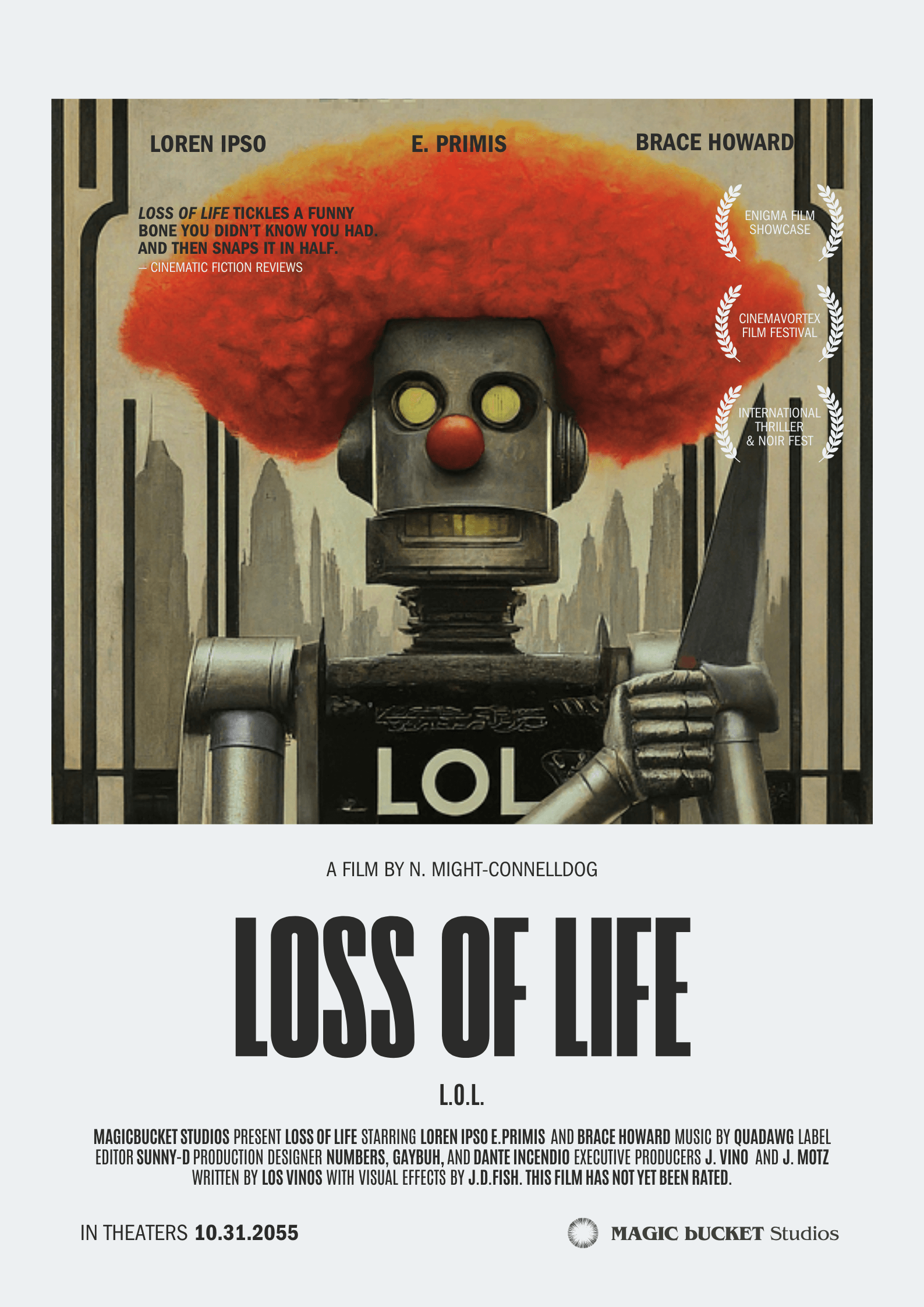 movie poster of a robot wearing a clown wig and holding a knife